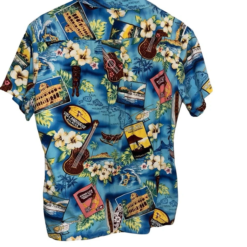 Vintage Hawaiian Aloha Shirt 100% Cotton Tropical Surf Ukulele‎ Honolulu Print L
